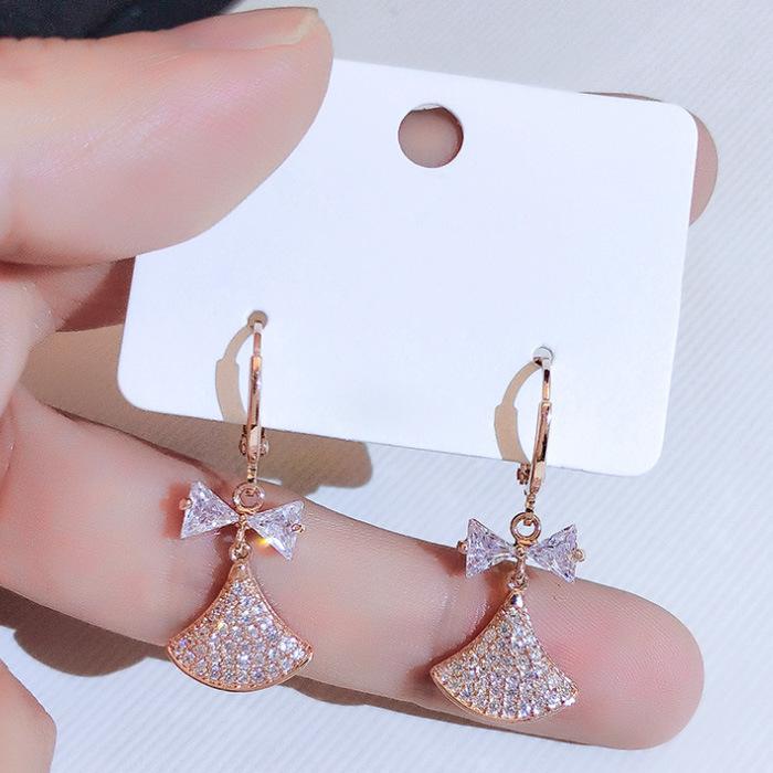 Temperament Small Skirt Earrings Zircon Bow Ear Buckle Fan Earrings Women'S Earrings