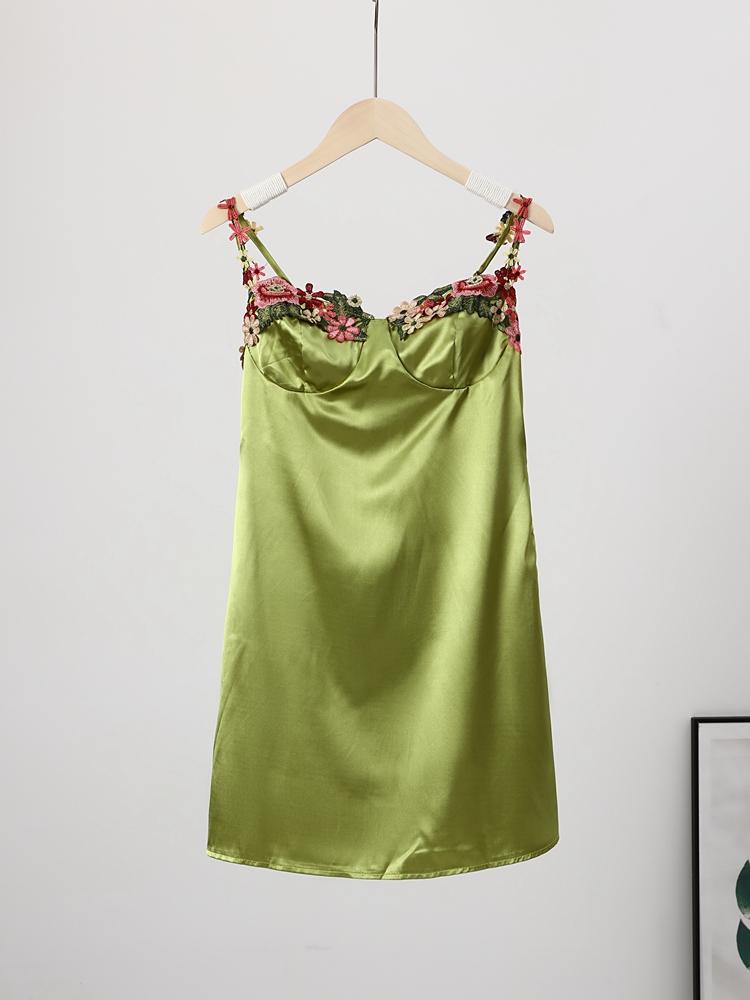 Сексуальное платье-комбинация с цветочной вышивкой, женское облегающее мини-платье 2023, весеннее сексуальное тонкое шикарное пляжное платье, женские платья M зелёный