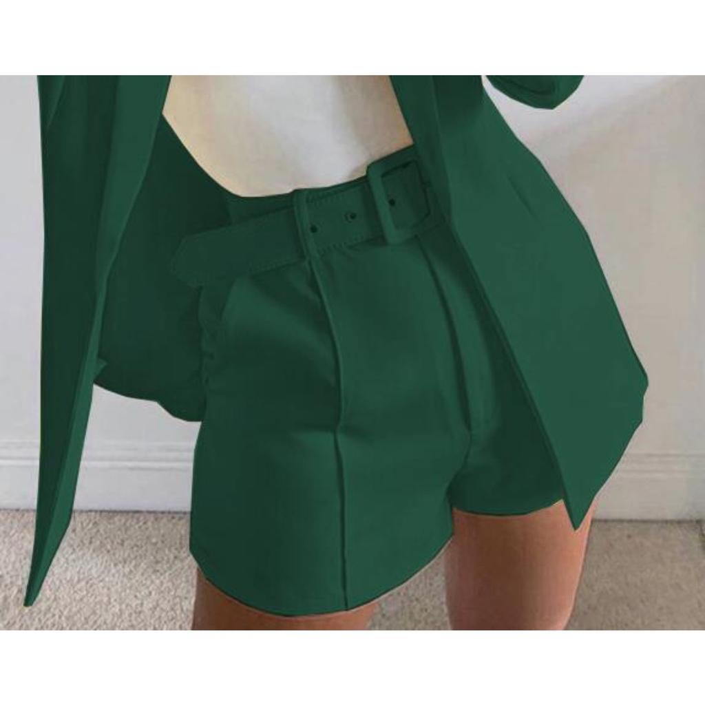 Women's Slim Fit Two Piece Suit Lapel Long Sleeve Blazer High Waist Belted Short Co-ord Outfit Set