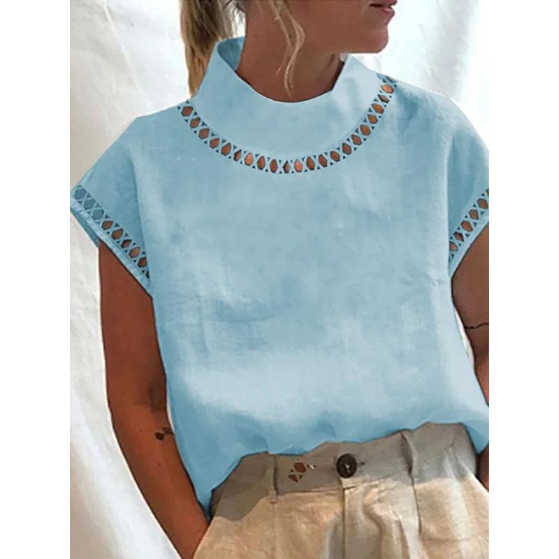 Women's Solid Color Hollow Top Casual Turtleneck Breathable Shirt