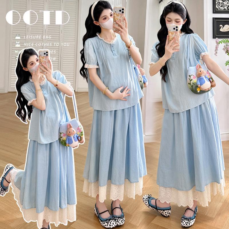 2026 Summer French Lace & Washed Denim Maternity Set XL