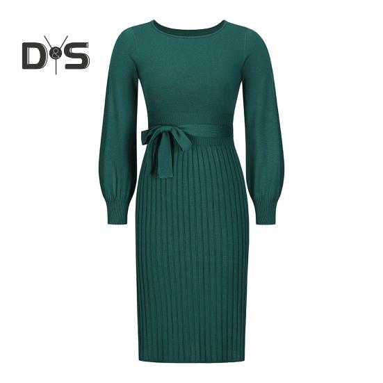 

Осеннее женское платье, трикотажное, с круглым вырезом, длинными рукавами, облегающее, со шнуровкой, с узкой талией, длиной до середины икры, эластичное, однотонное, миди-платье-свитер L