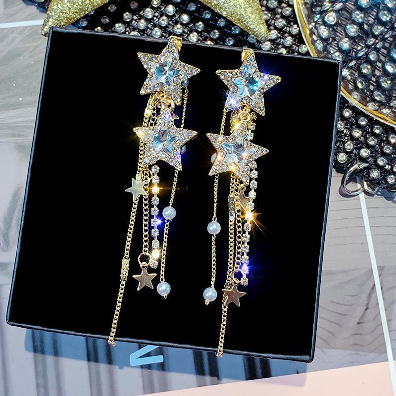 Diamond Crystal Star Tassel Pearl Earrings: Luxurious High-end Fashion Studs