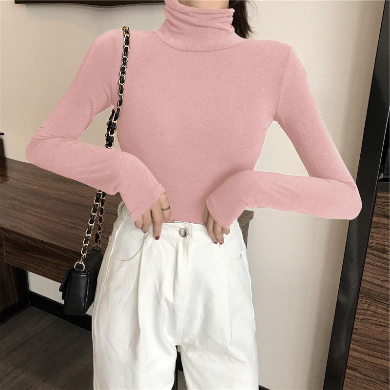 Women's Solid Color High Neck Base Layer Top Korean Style Versatile Long Sleeve T-Shirt Slim Fit Inner Wear for Autumn and Winter