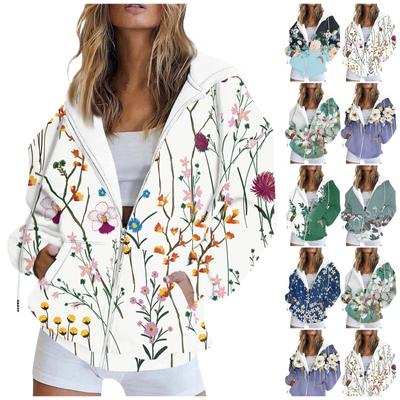Women's Fashion Casual Printed Sweatshirt Long Sleeve With Pocket Cardigan Jacket Zipper Hoodie Coat