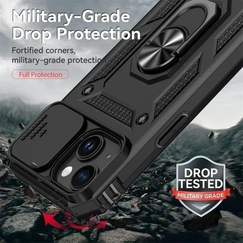Ring Stand Rotating Slide Camera Lens Military Grade Armor Case for iPhone 16 14 13 12 11 15 Pro Max 16 Plus 13Mini 12Mini Cover