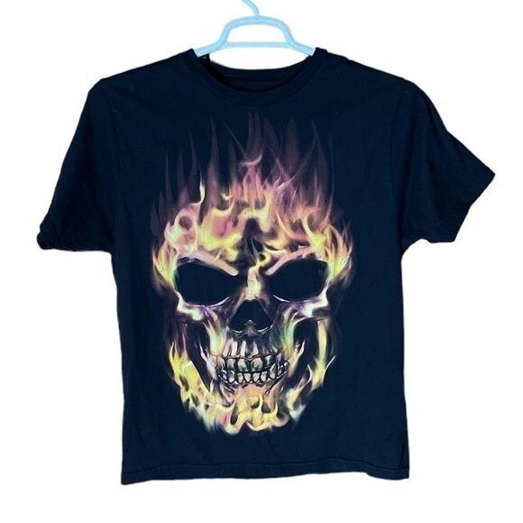 Flaming Skull T-shirt Mens Medium Horror Halloween Casual Flames Fire Black S разноцветный