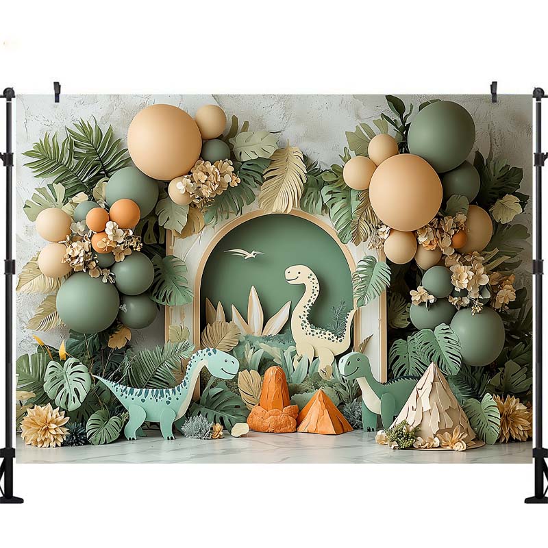 Dinosaur Theme Backdrop Photography Tropical Forest Arch Balloon Decor Birthday Cake Smash Kids Portrait Photo Background Studio