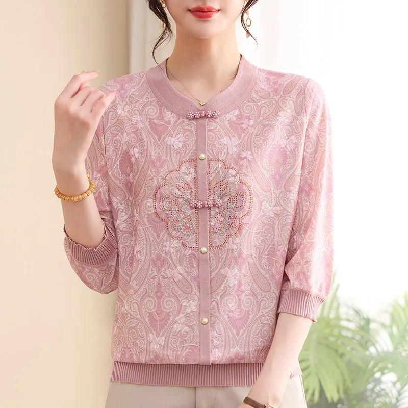 Womens Chinese Style Knit Blouse Floral Print 3/4 Sleeve Button Down Casual Top