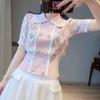 Summer Dress Women's Temperament Doll Collar Short Sleeved Double Breasted Crown Shaped Heart-shaped Jacquard Slim Fitting Knitted Sweater Top
