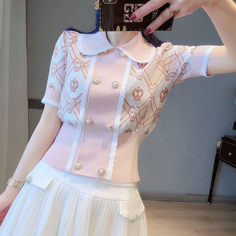 Summer Dress Women's Temperament Doll Collar Short Sleeved Double Breasted Crown Shaped Heart-shaped Jacquard Slim Fitting Knitted Sweater Top
