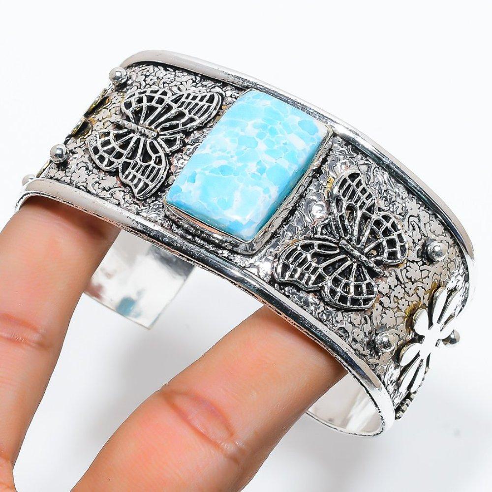 Larimar Gemstone Handmade 925 Sterling Silver Cuff Bangle Adjustable Z3F17