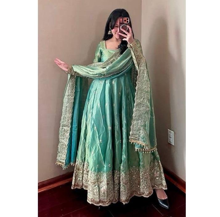 Damen Bollywood Partykleidung Fandy Seidenkleid Hose Dupatta Set Indisches Designer Anarkali Salwar Anzug
