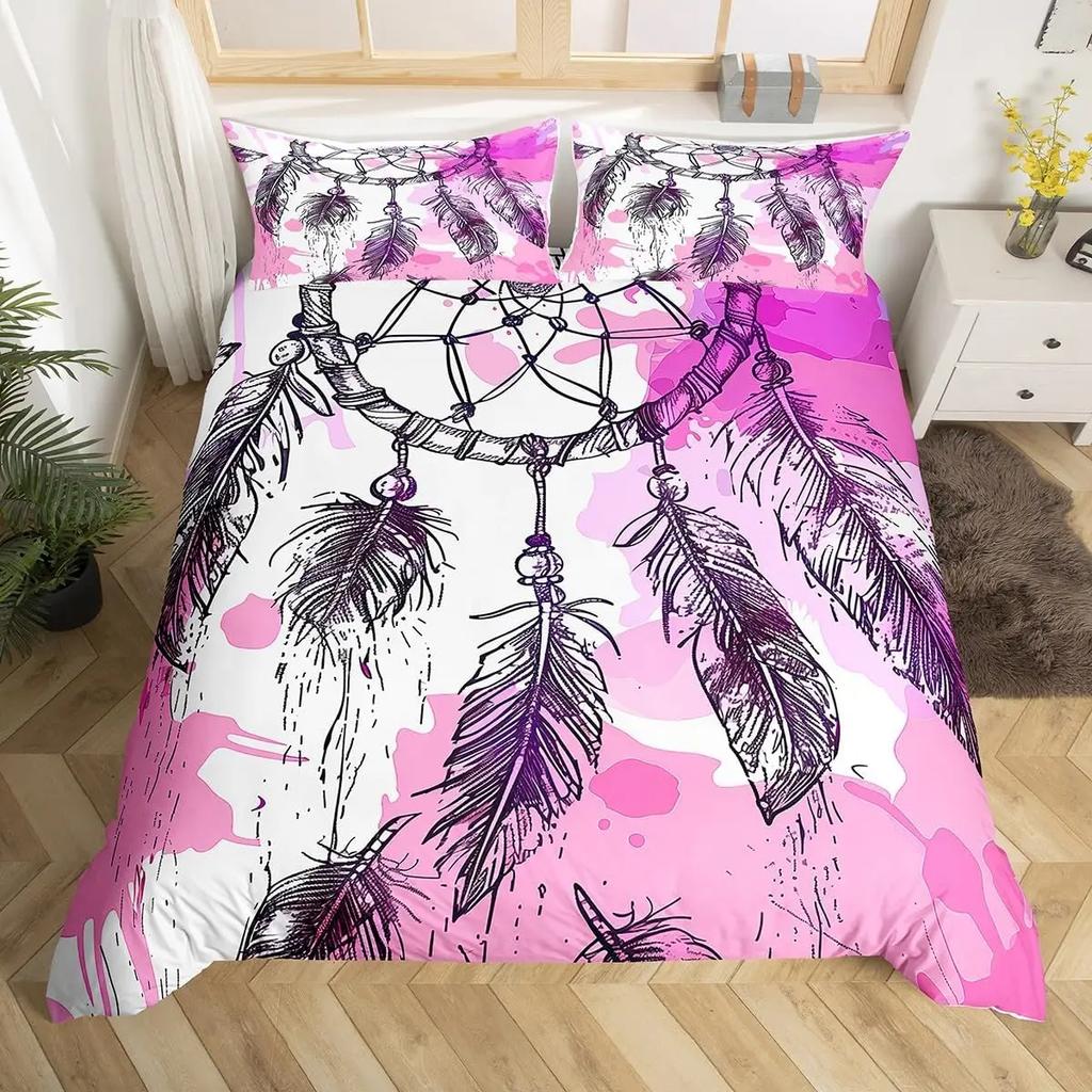 Conjunto de Cama Apanhador de Sonhos Boho Mandala Capa de Edredom Solteiro King, Capa de Edredom Exótica Tribal Pena Céu Estrelado Galáxia