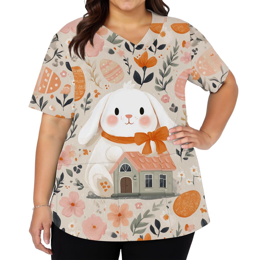 Women's Fashionable V-neck Short-sleeved Work Top With Double Side Slits And Pockets, Featuring Easter Bunny And Egg Prints.