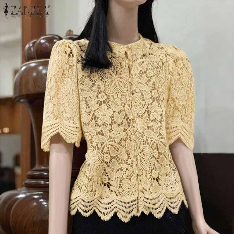 

ZANZEA Women Summer Stand Collar Lace Crochet Patchwork Half Sleeve Blouse S хаки