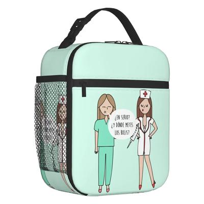 Fiambrera Portátil con Estampado de Enfermera Doctora de Dibujos Animados para Mujer, Nevera Multifunción, Bolsa de Almuerzo Térmica Aislante para Alimentos