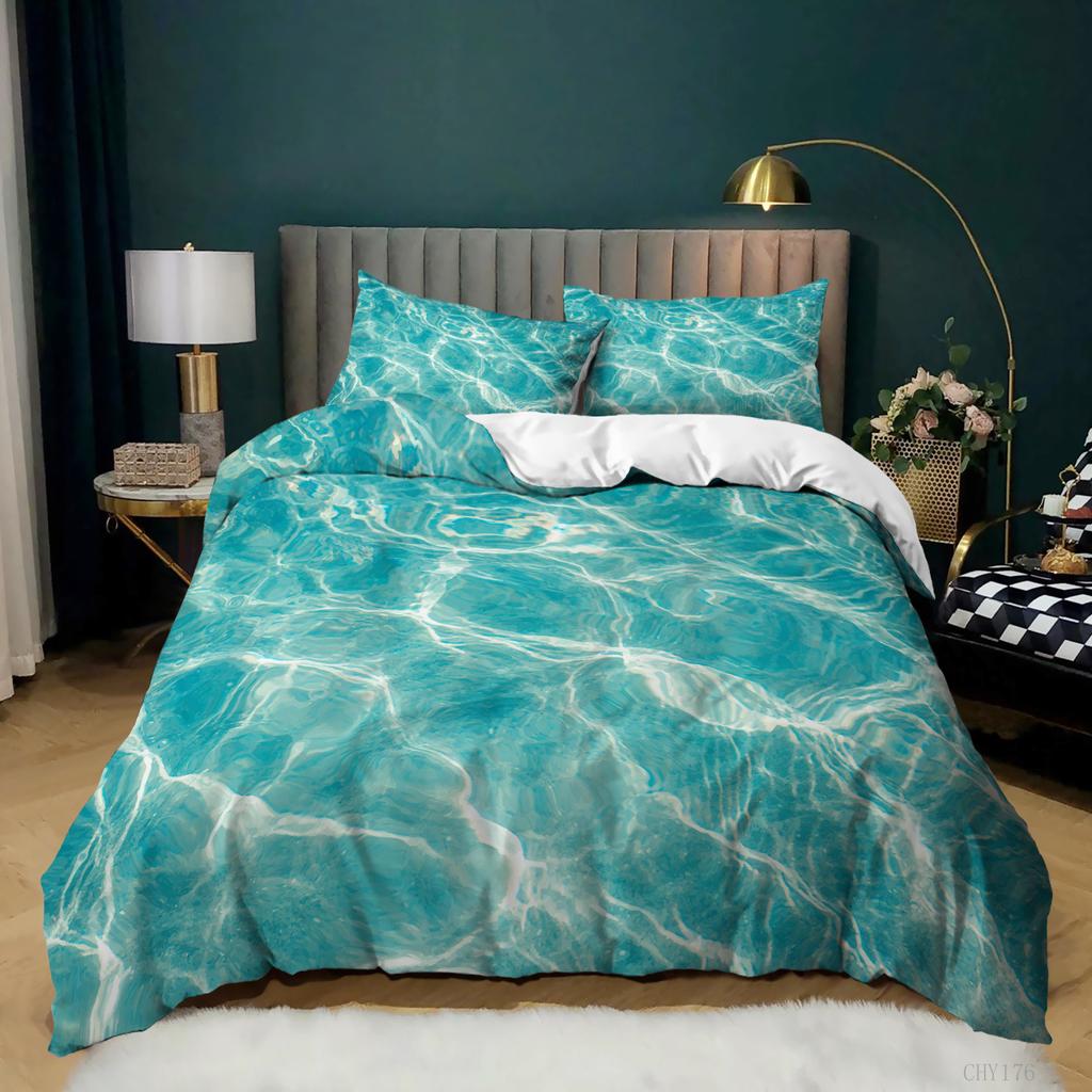 3D Ocean Waves Duvet Cover Set Queen/King for Boy Girl Teens Bedroom Hotel Microfiber Bedding Set Comforter Cover White To Blue