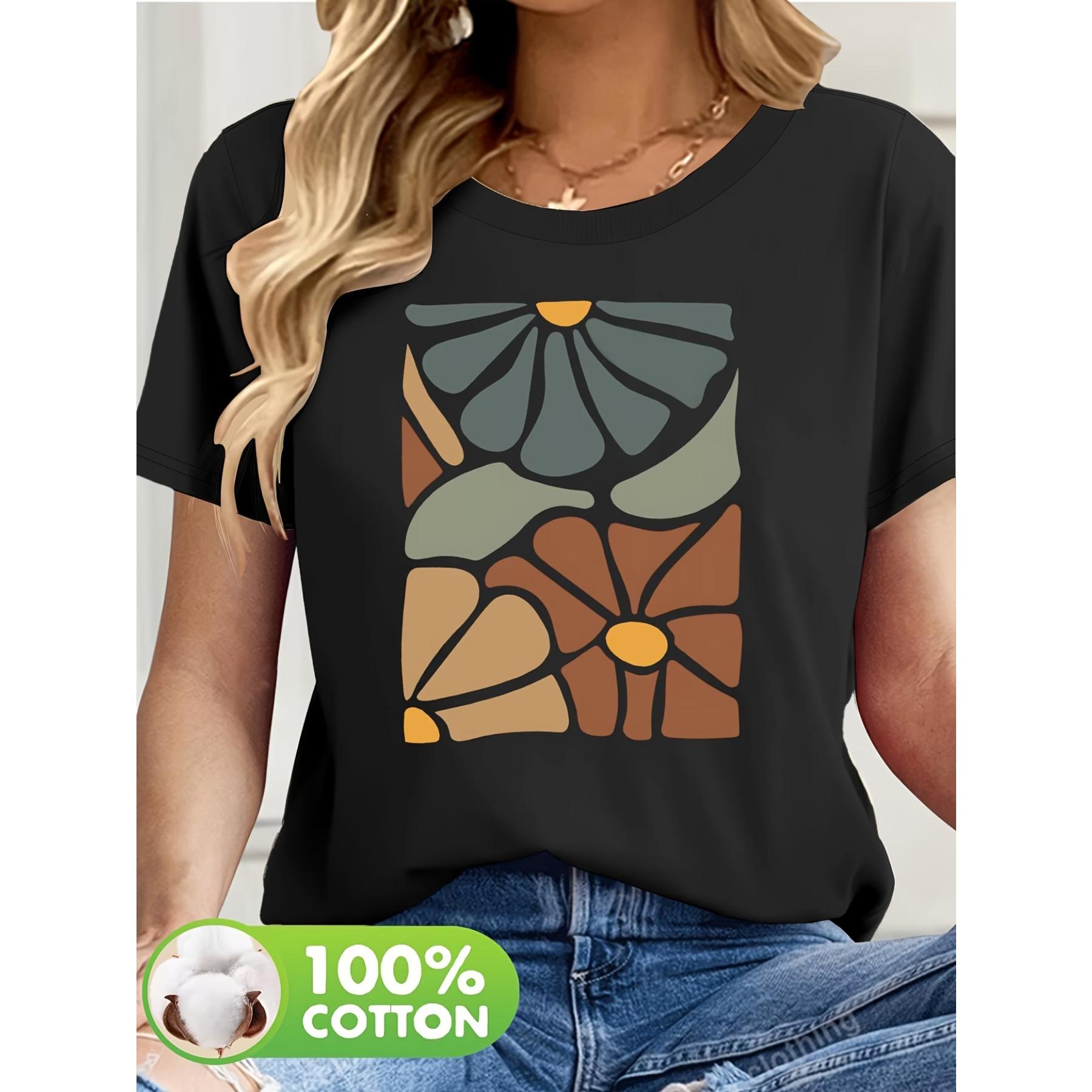 Women s Short Sleeve T-Shirt with Elegant Stained Glass Floral Art Print - Casual Relaxed Fit, Spring Summer Top S чёрный