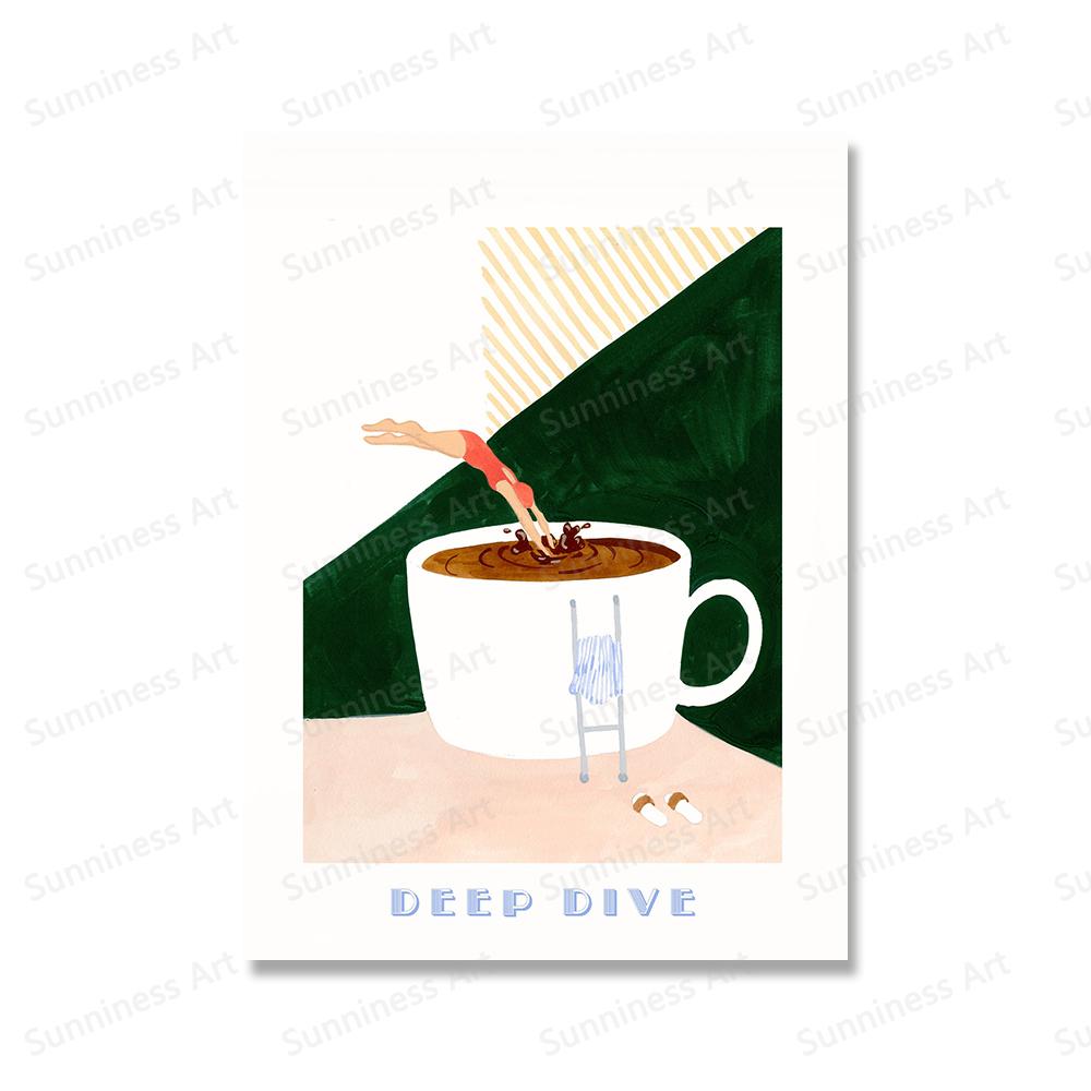 Kaffeplakat Lerretsmaleri God Morgen Kaffe Svømmer Dypdykk Trykk Moderne Nordisk Veggkunst Bilder til Kjøkken Hjemmedekor