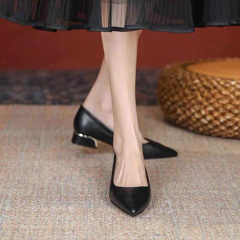 Pointed single shoes women's thick heel 3 cm short heel not tired of standing for a long time black commuter work low heel professional work shoes
