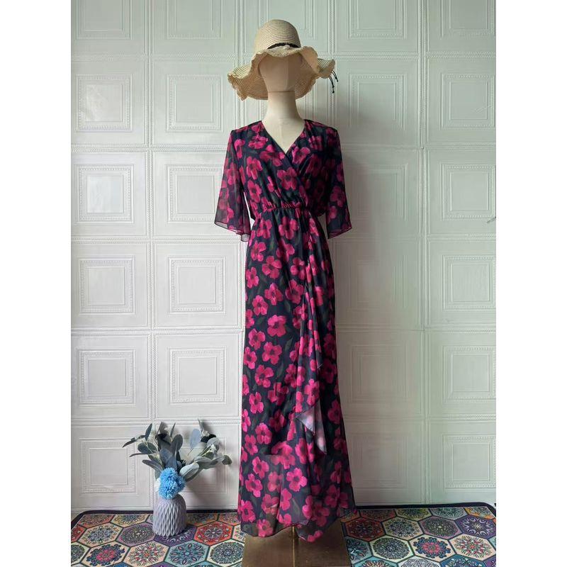 

Fashion Style New Arrival Retro Sexy V-neck Short Sleeve Printed Waist-Controlled Dress V-Neck Printed Dress Safflower with black background 2XL