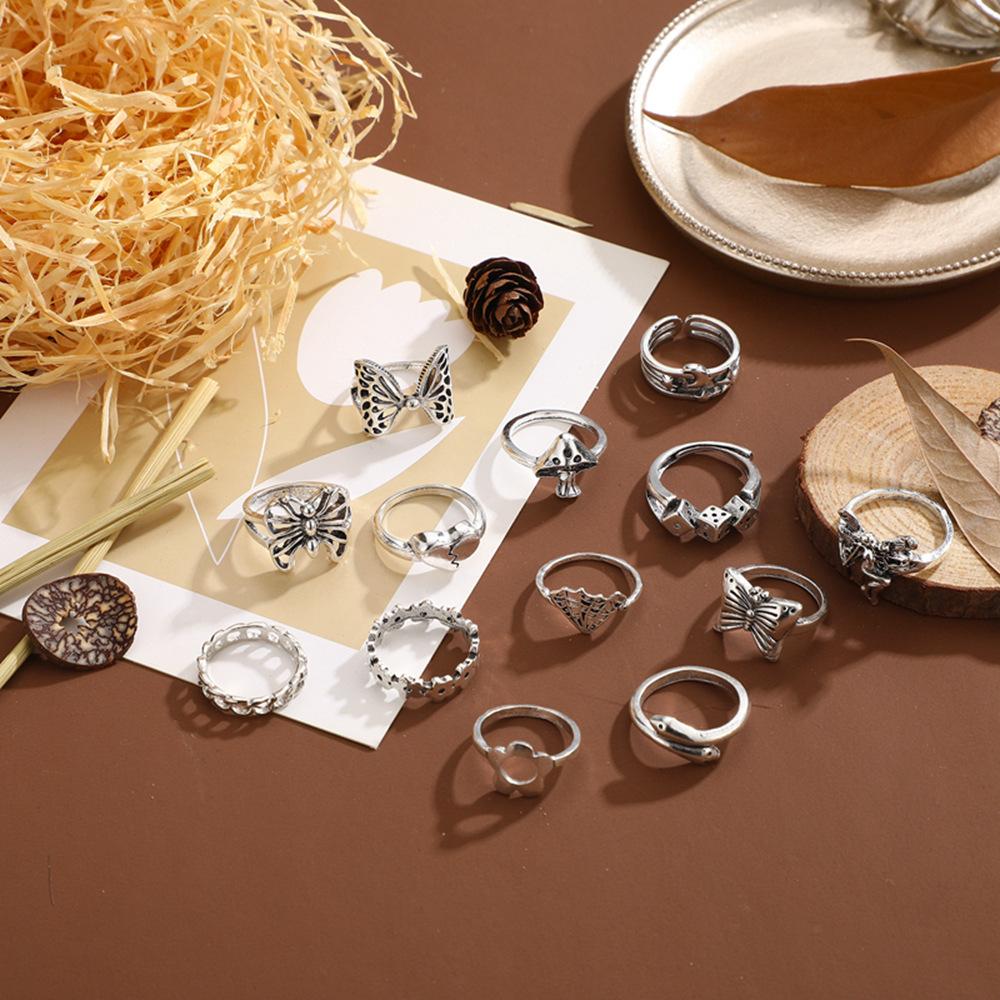 Exaggerated Mushroom Chain Flower Moon Love Butterfly Snake Hollow 13-piece Ring Set