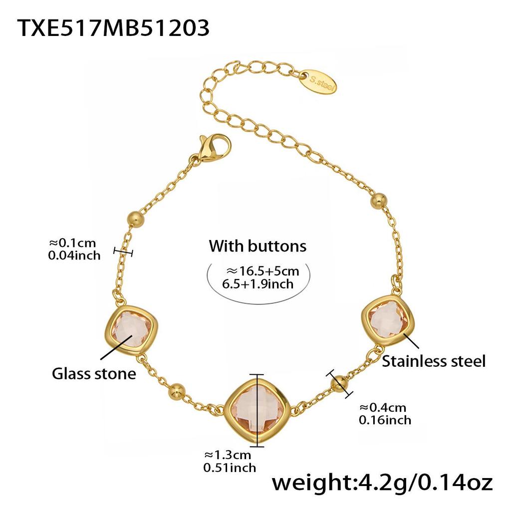 Geometric Glass Stone Earrings & Stainless Steel Bead Necklace Bracelet Set - Multi-color Patchwork Jewelry