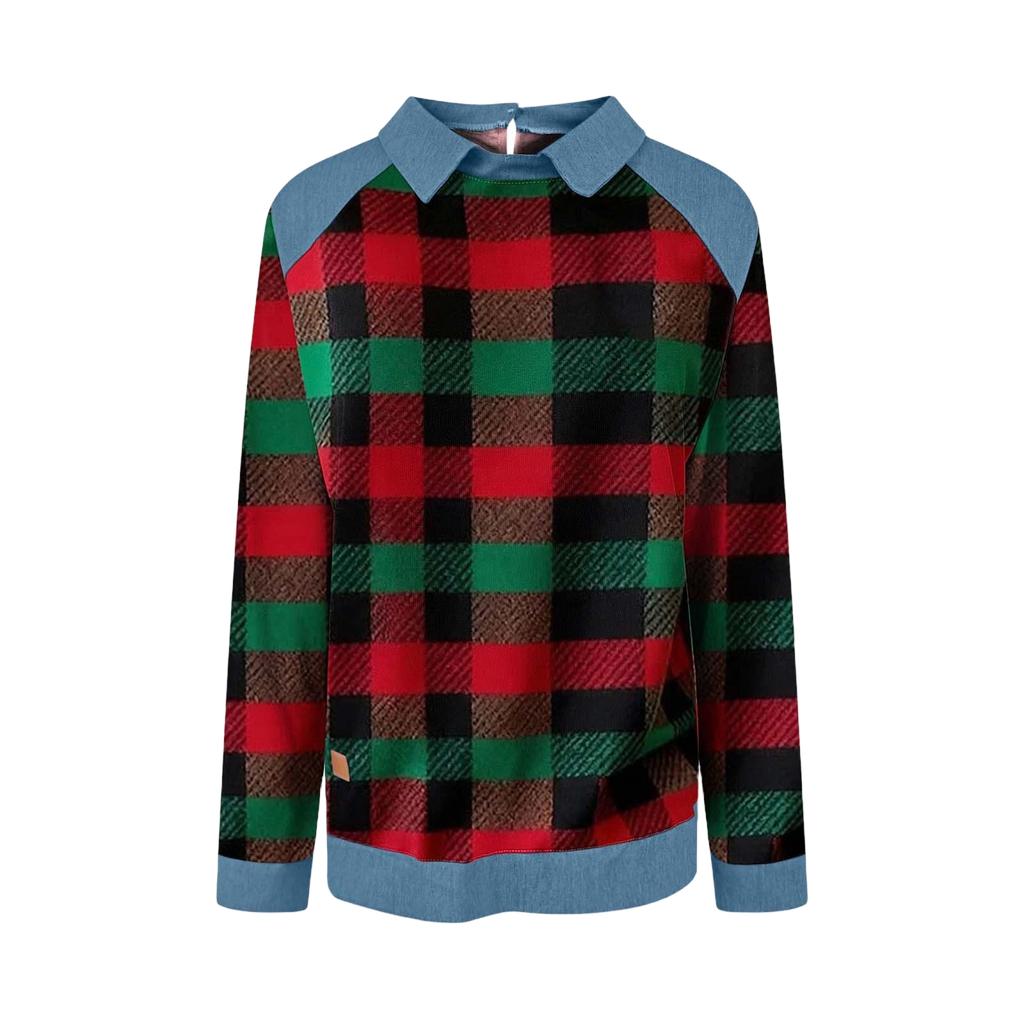 Women's Casual Long Sleeve Plaid Sweatshirt with Denim Patchwork