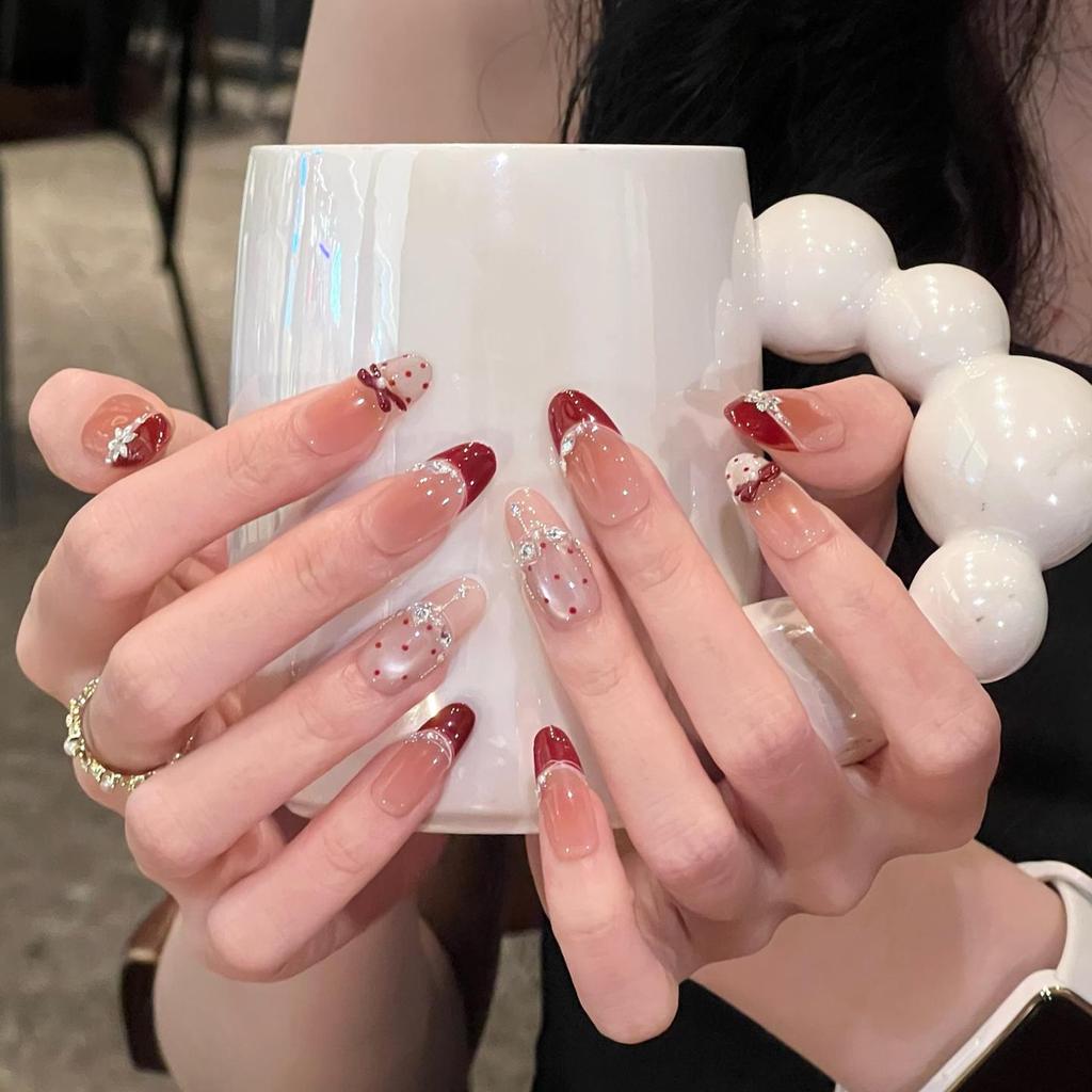 2026 Color Wearable Nails: French New Year Red Ballet, Polka Dot, Cat Eye Manicure Medium-Long Nail Tips