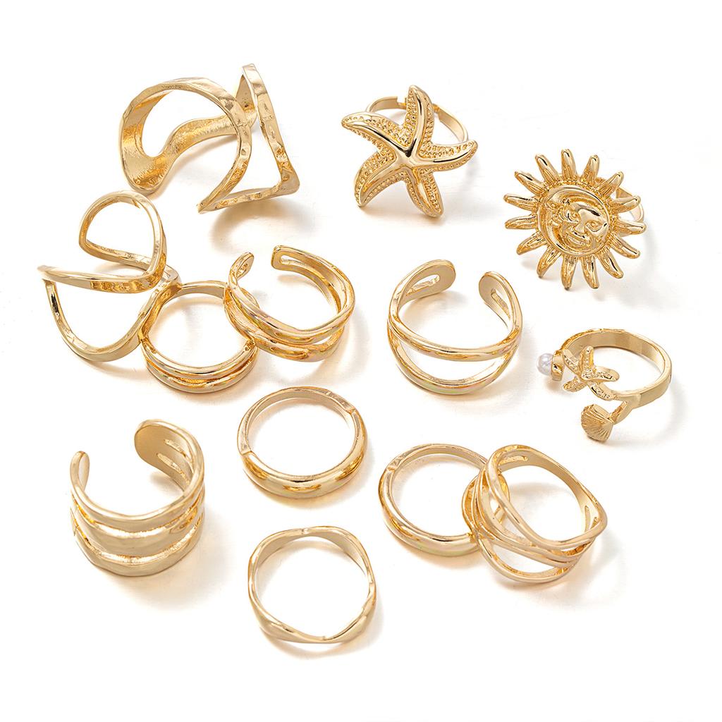 13 Pieces Punk Style Geometric Line Open Ring Multi Piece Set Sun Starfish Women's Ring Set