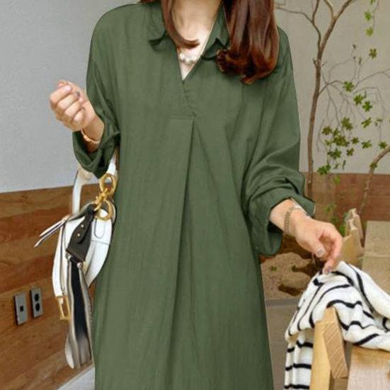 Ladies Fall Spring Dress Loose Lapel Long Sleeve Solid Color V Neck Soft