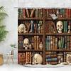Vintage Library Shower Curtain Skull Candles Old Books Bookshelf Cat Plant Cartoon Home Polyester Fabric Bathroom Decor Curtains