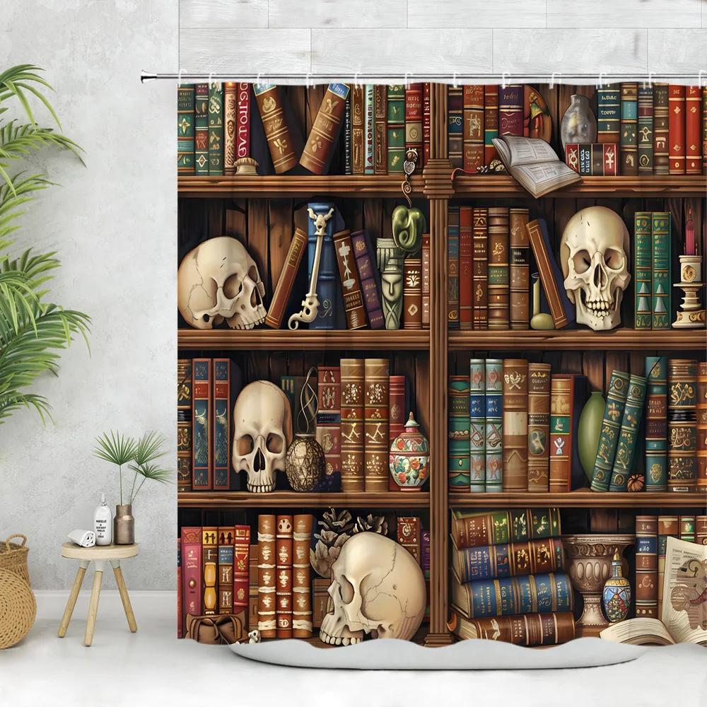 

Vintage Library Shower Curtain Skull Candles Old Books Bookshelf Cat Plant Cartoon Home Polyester Fabric Bathroom Decor Curtains W60H190(CM)-1 Pcs