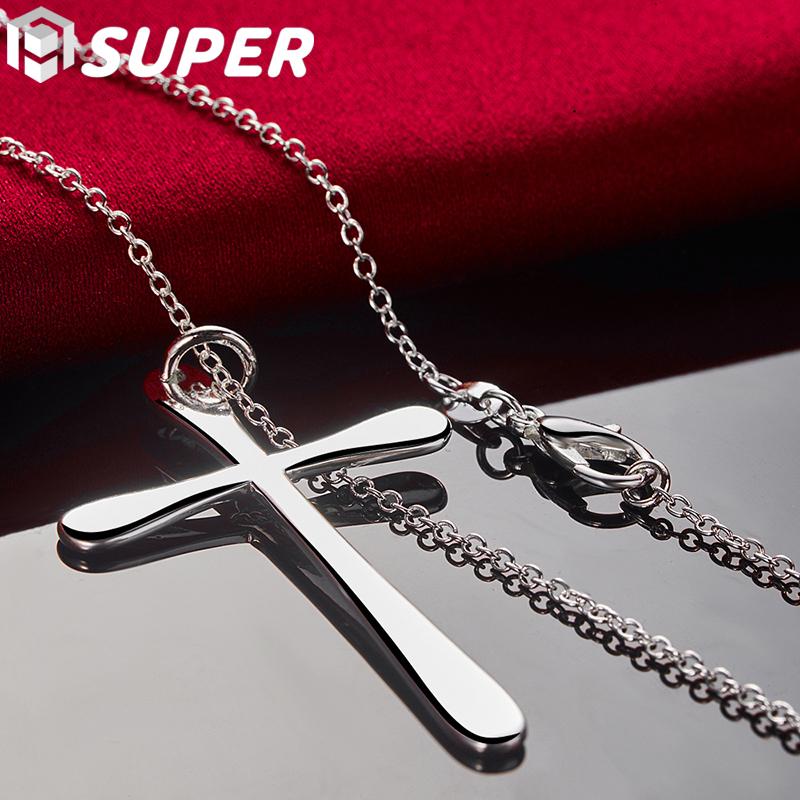 Superfeine Halskette mit flachem Kreuzanhänger aus 925er Sterlingsilber, 45,7 cm, für Damen, Hochzeitsmodeschmuck