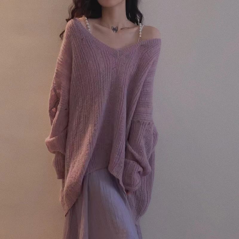 Spring and Autumn Lazy Style Knitted Sweater Women's Loose Outer Wear Hollow Out V-neck Casual Slim Base Layer Thin