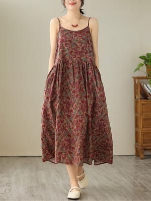 Ärmelloses Trägerkleid aus Baumwolle mit Vintage-Blumenmuster, neue Kleider für Damen, lässig, locker, langes Sommerkleid, elegante Kleidung