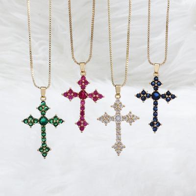 Fashionable and Exquisite Red Green Crystal Zirconia Cross Pendant Necklace for Ladies Elegant Party Christmas Gift
