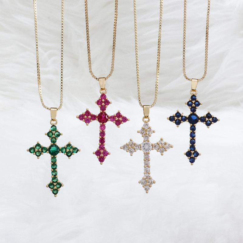 Fashionable and Exquisite Red Green Crystal Zirconia Cross Pendant Necklace for Ladies Elegant Party Christmas Gift