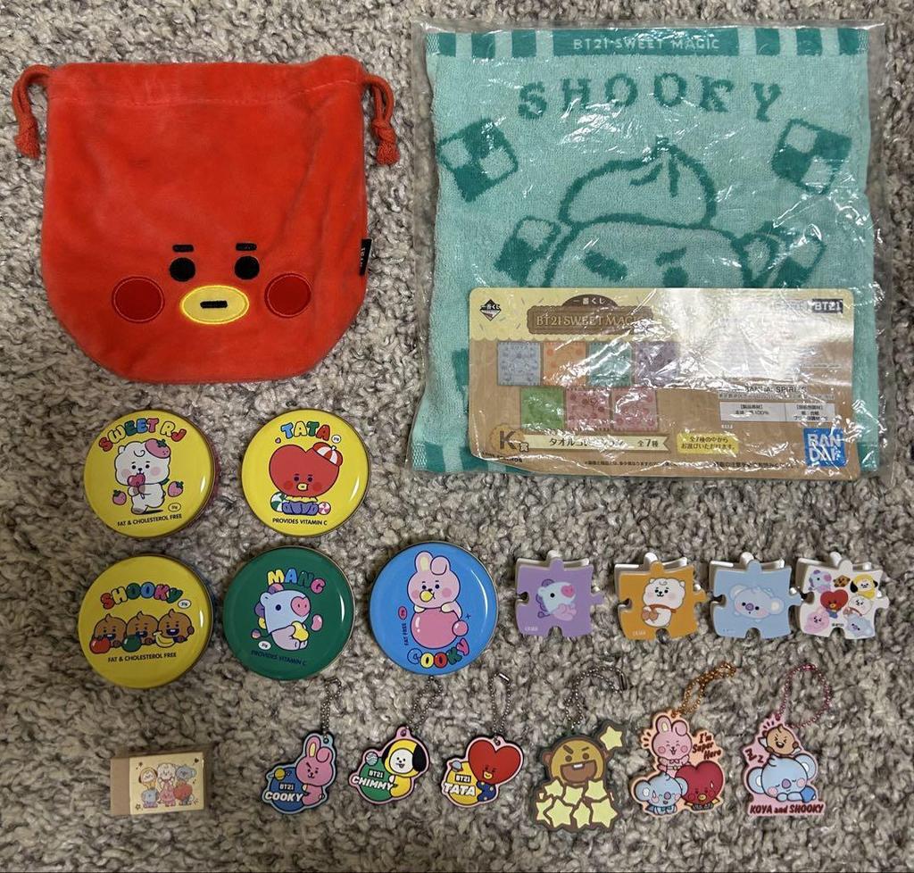 [USED] BT21 candy tin, puzzle clip, keychain, eraser, towel, Tata drawstring bag