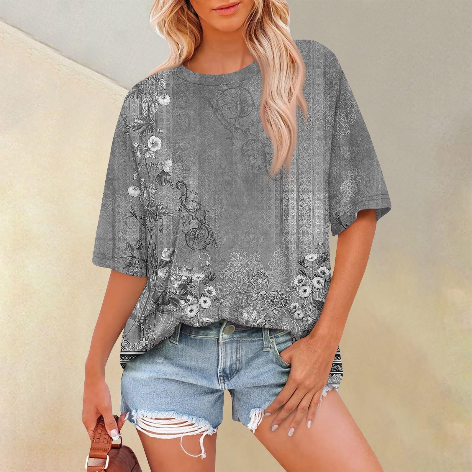 Женская модная повседневная футболка с цветочным принтом, свободная, с круглым вырезом и коротким рукавом S
