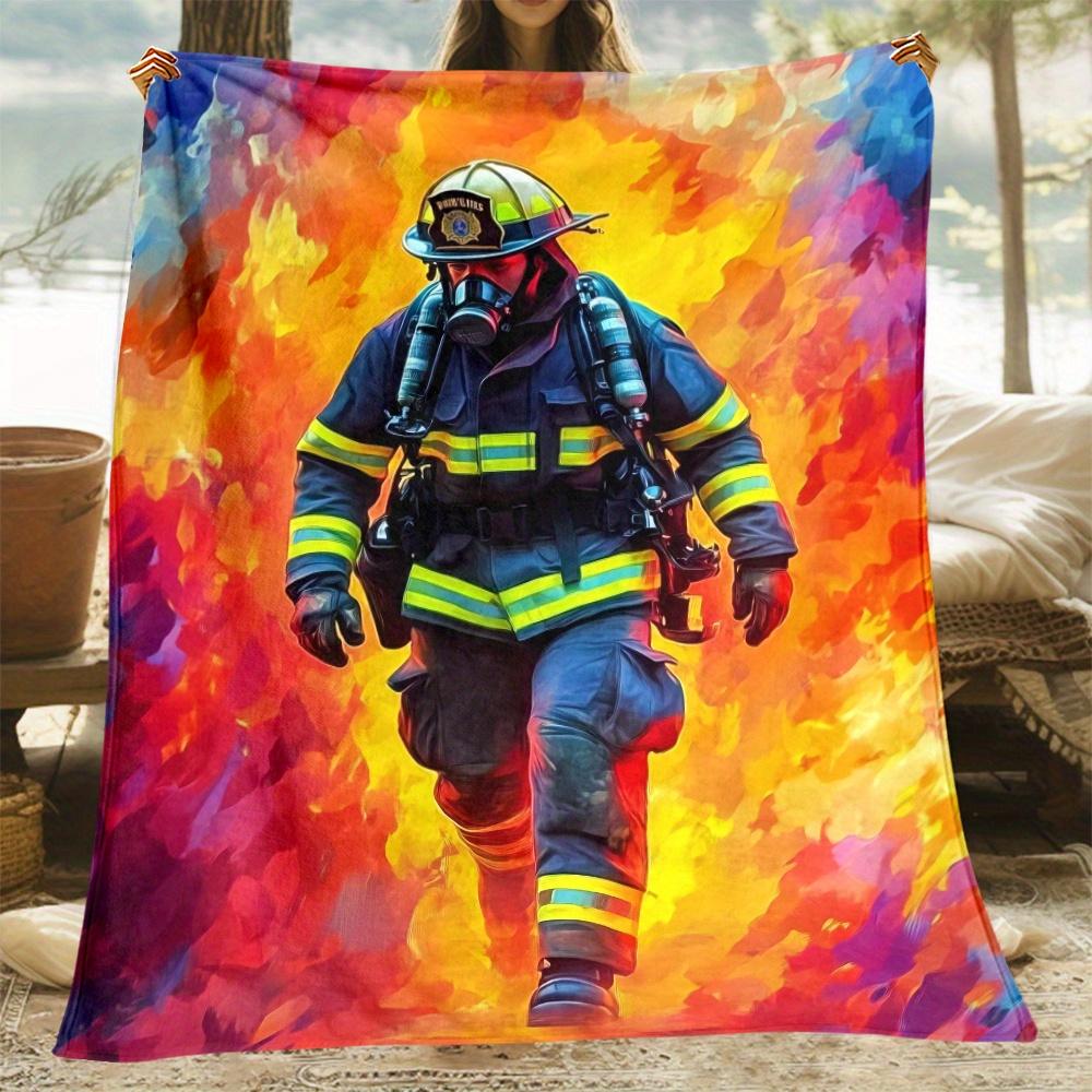 Brave Firefighter In Flames Flannel Blanket Heroic Rescue Scene Fireman Uniform Art Soft Cozy Throw Cover for HomeDecor andGifts
