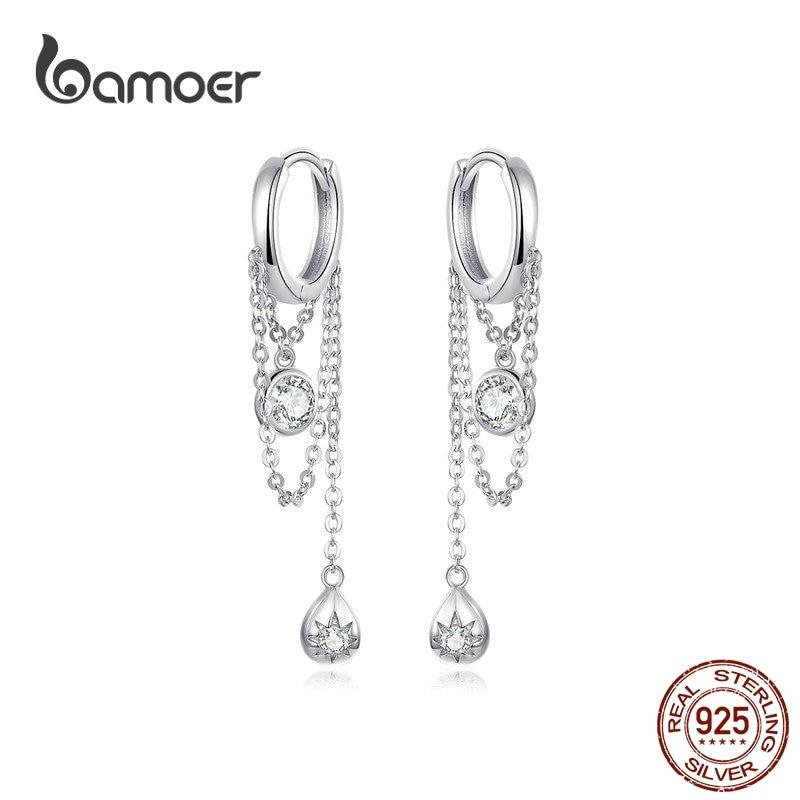 Bamoer Waterdrop Round Geometric Chain Dangle Earrings For Stylish Jewelry Women Sterling  Color Female Stylish Orecchini Sce638Geometric Chain