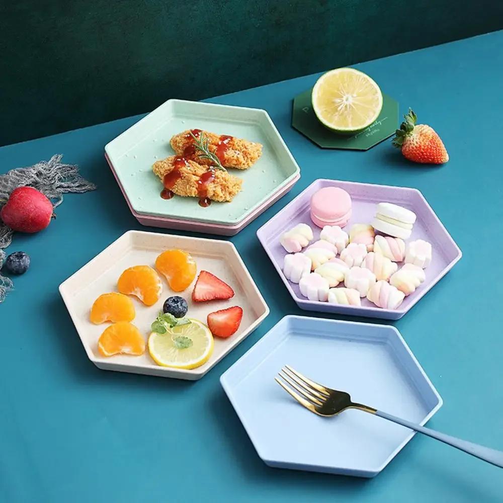 Multifunctional Fruit Plate Tableware Dishes Thicken Wheat Straw Hexagon Tray Dessert Plates Home Candy Color Dishes
