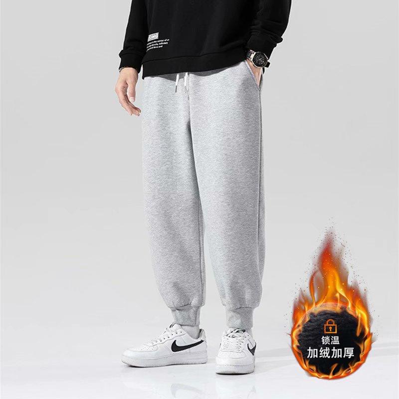 Casual sweatpants men's autumn and winter new large size tied feet thickened trendy printed velvet pants