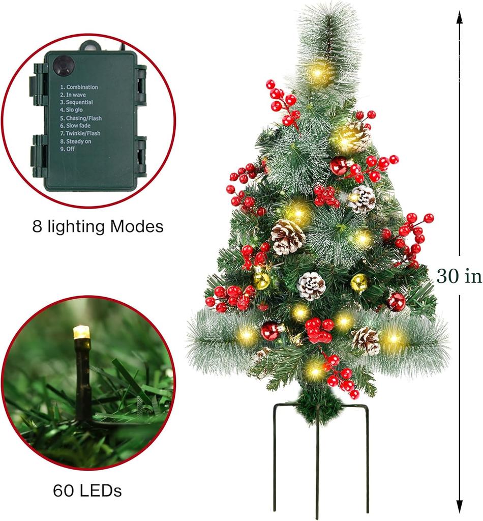 2 Pack 30' Pre-Lit Christmas Trees, LED Lights, Red Berries, Pine Cones, Battery Operated Yard Decor