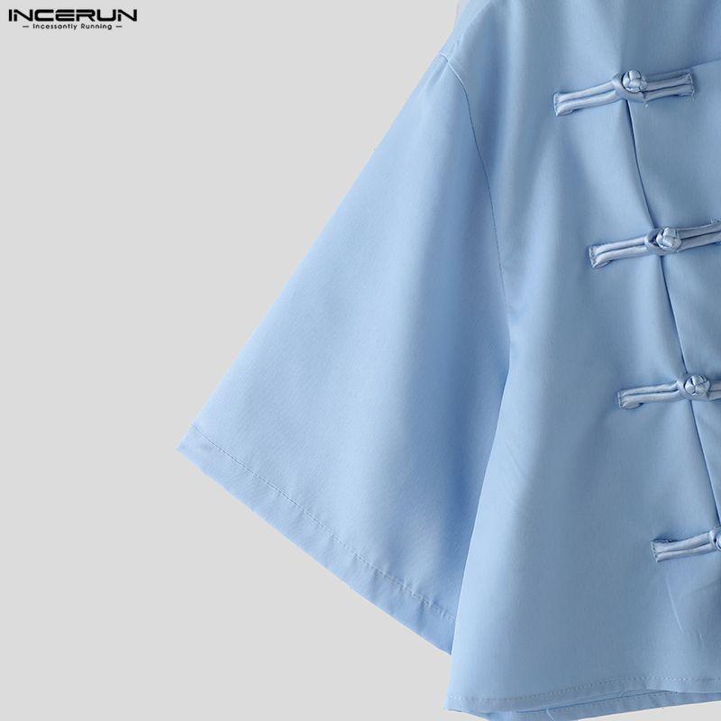 INCERUN Two Pieces Summer Men Lapel Neck Short Sleeve Cropped Tops and Pants Sets