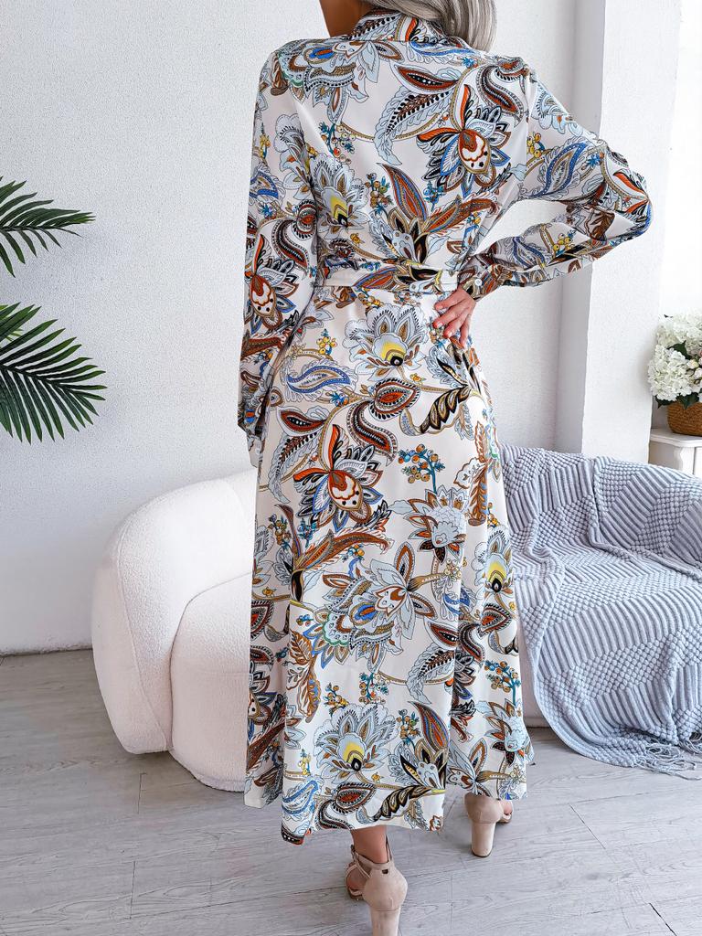 Women Retro European Style Floral Lapel Tie Waist Long Shirt Dress