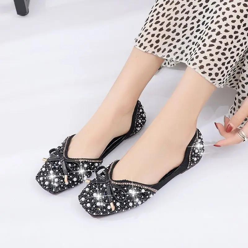 Fashion Pink with Crystals Diamond Ladies Footwear Green Rhinestone Women's Flat Shoes Bow Korean Style Y2k Vintage Fashion Cheap A Line