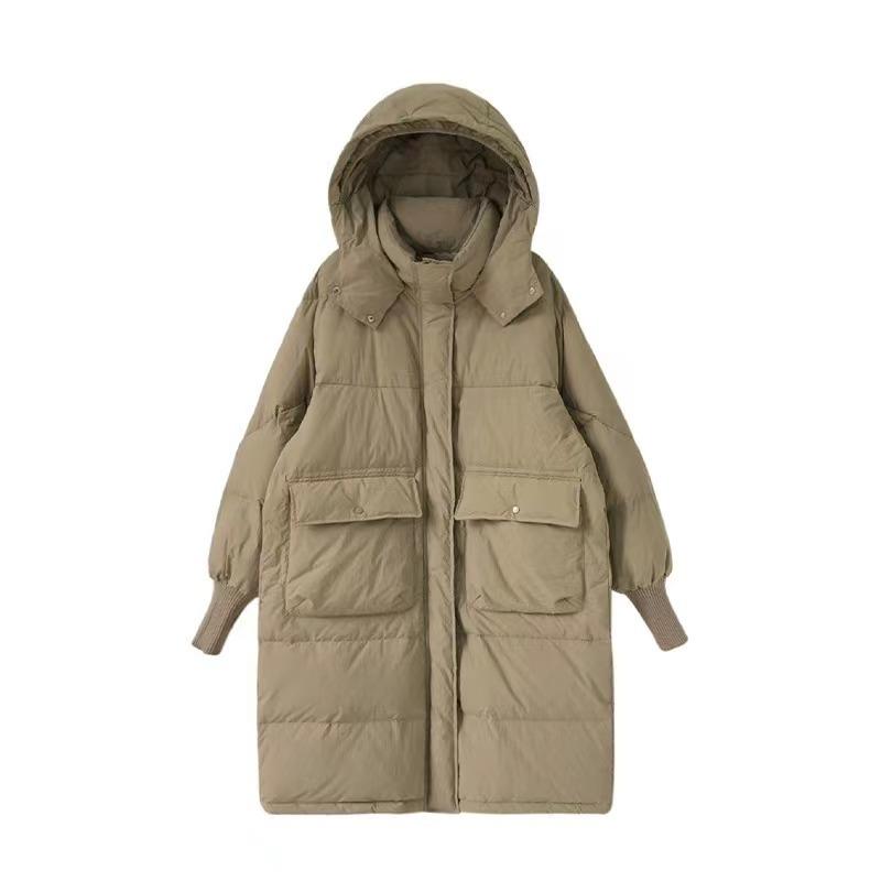 

Зимовий пуховик Жіночий потовщений довжиною до коліна, Великі кишені, Модна куртка з капюшоном і довгими рукавами Цукровий повсякденний жіночий одяг M хакі